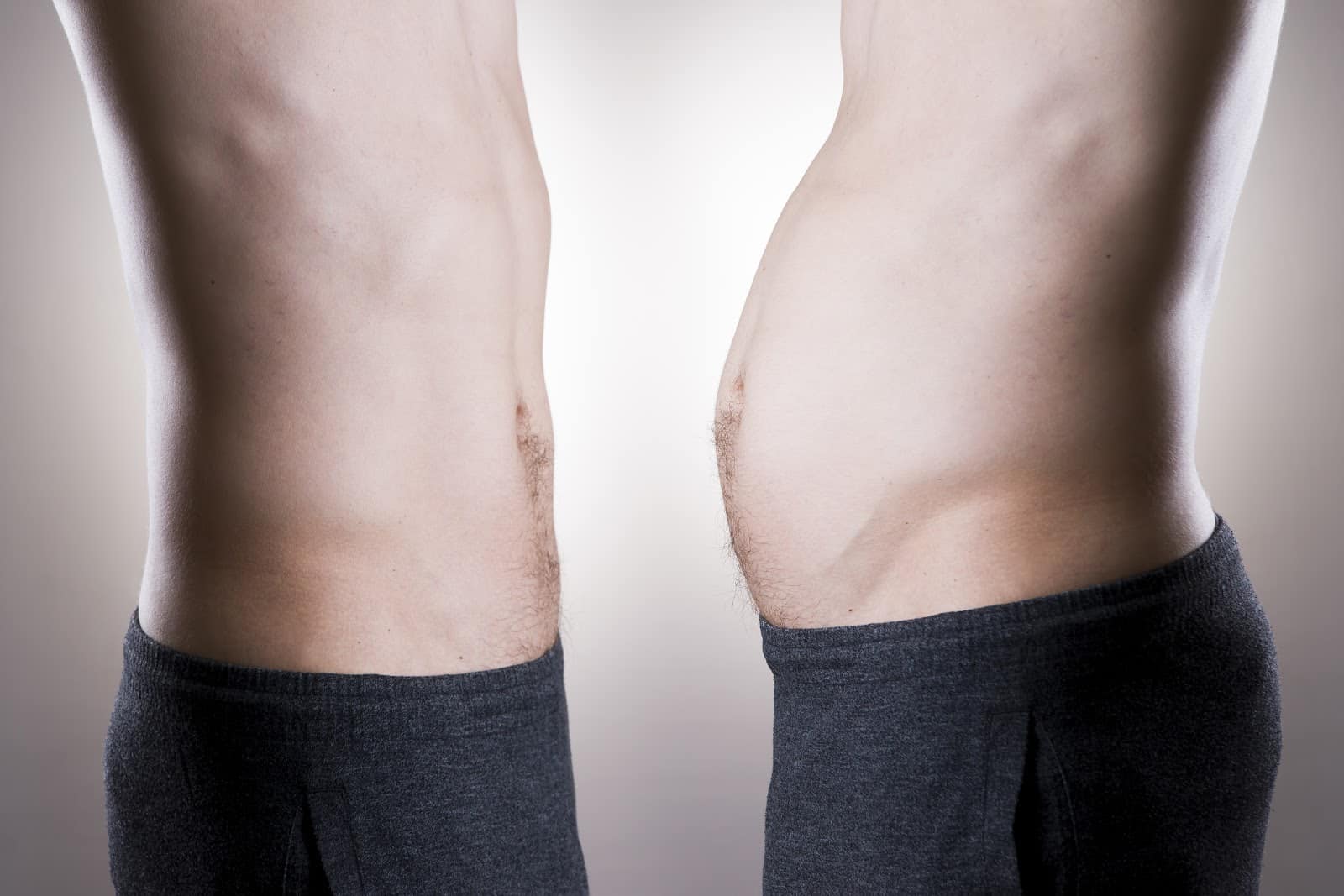 Man before and after weight loss. Fat and slim body on a gray background
